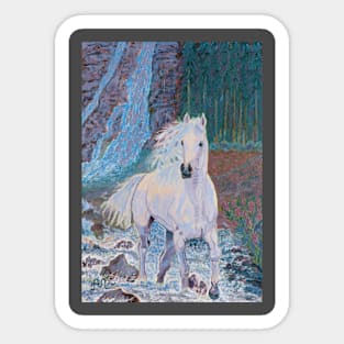 A white horse in front of a waterfall Sticker